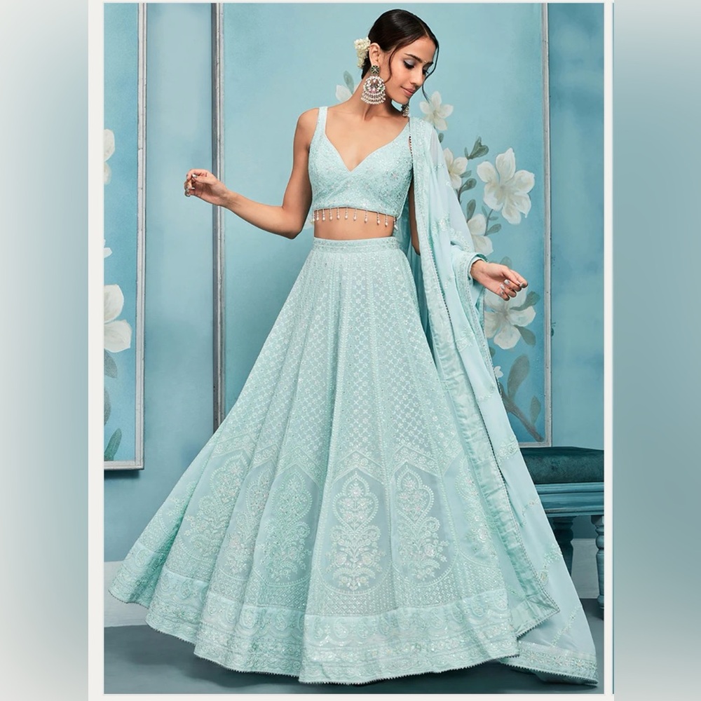 Elegant Light Aqua Embroidered Maxi Lehenga Dress